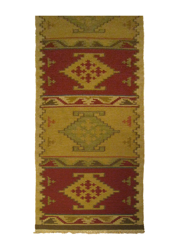 Oriental Rug Indian Handmade Runner Transitional 2'6"x10'0" (3x10) Whites/Beige Red Green Dhurrie Geometric Design #A25852