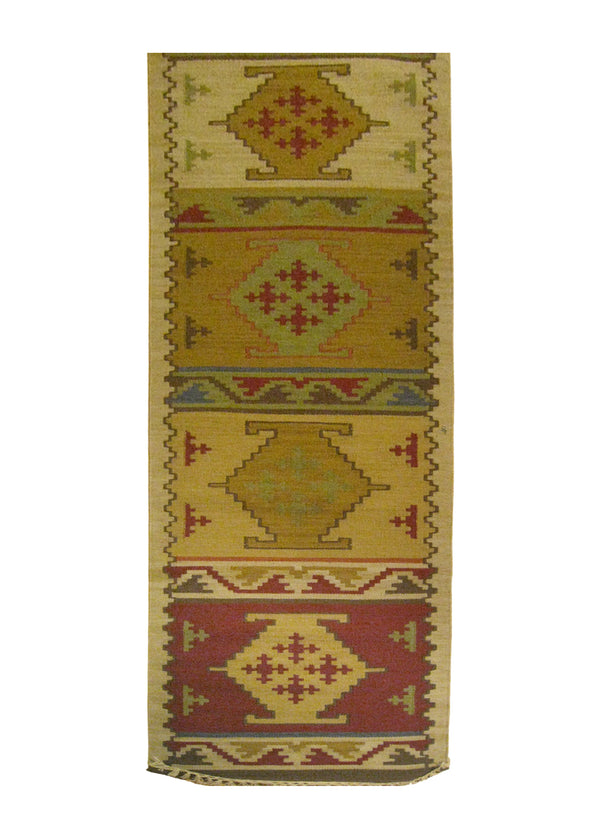 Oriental Rug Indian Handmade Runner Transitional 2'6"x12'0" (3x12) Whites/Beige Red Green Dhurrie Geometric Design #A25873