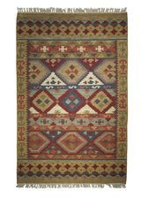 Oriental Rug Indian Handmade Area Transitional 4'0"x6'0" (4x6) Brown Red Multi-color Dhurrie Geometric Design #A25993