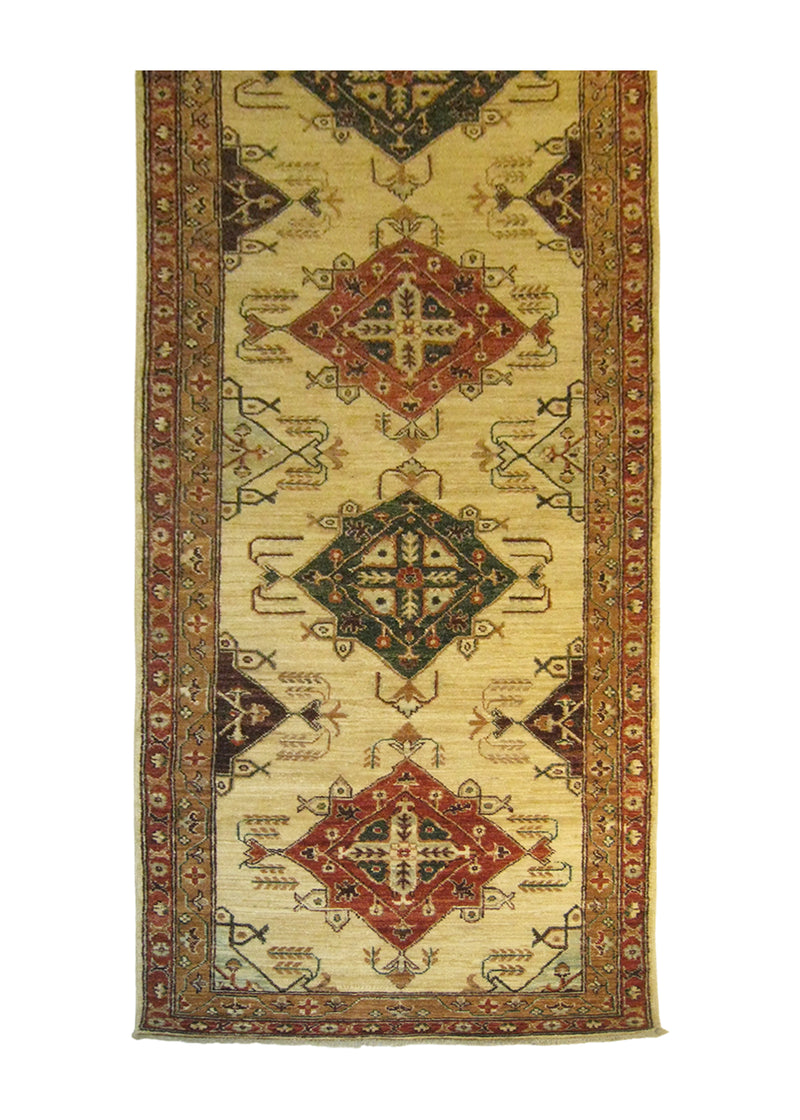 Oriental Rug Pakistani Handmade Runner Transitional Tribal 2'8"x9'6" (3x10) Whites/Beige Red Ariana Geometric Kazak Design #A26013