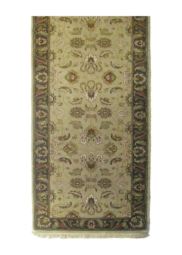 Oriental Rug Indian Handmade Runner Transitional 2'8"x8'1" (3x8) Whites/Beige Brown Green Tea Washed Floral Design #A26047