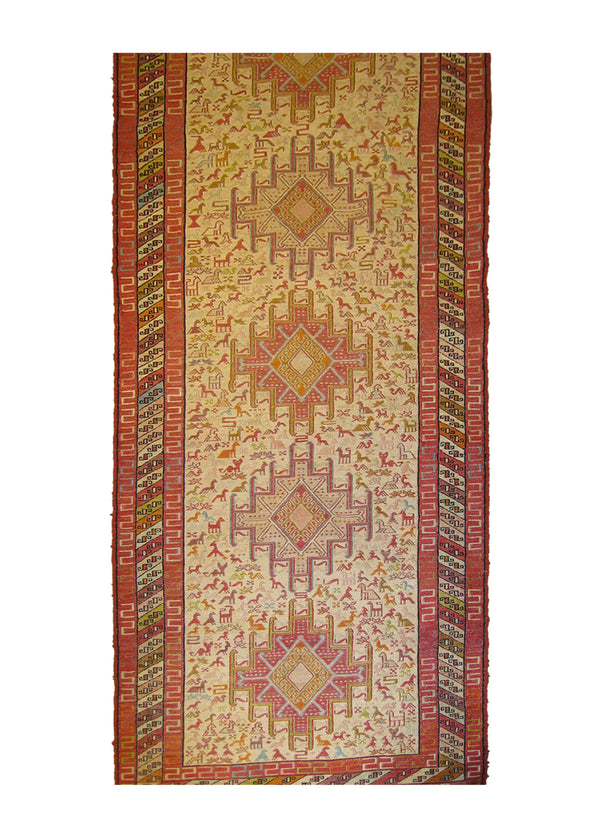 Persian Rug Azerbaijan Handmade Runner Tribal 2'6"x9'4" (3x9) Whites/Beige Pink Kilim Geometric Design #A26086