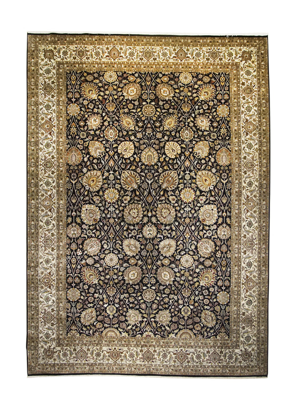 Oriental Rug Indian Handmade Area Transitional 10'0"x13'11" (10x14) Black Whites/Beige Tea Washed Floral Design #A26123