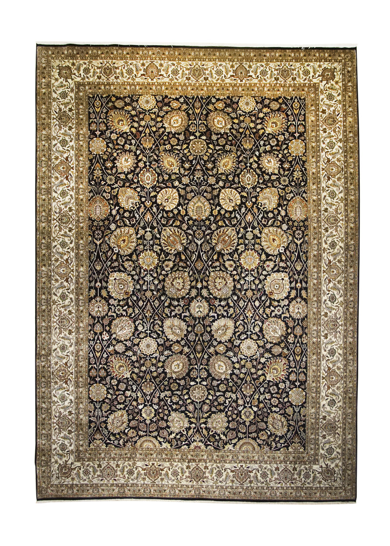 Oriental Rug Indian Handmade Area Transitional 10'0"x13'11" (10x14) Black Whites/Beige Tea Washed Floral Design #A26123