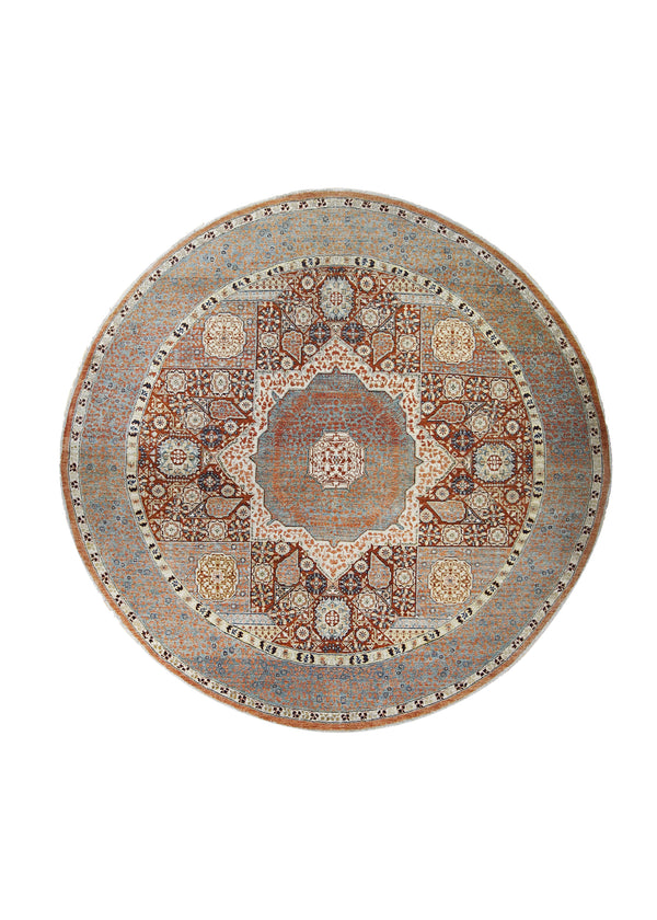 Oriental Rug Pakistani Handmade Round Transitional 7'10"x7'10" (8x8) Red Blue Mamluk Geometric Nooristan Design #A26151