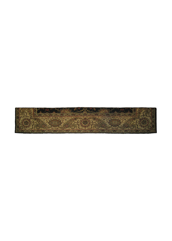 Oriental Rug Indian Handmade Runner Transitional 1'2"x6'1" (1x6) Black Yellow/Gold Tea Washed Floral Partition Design #A26260