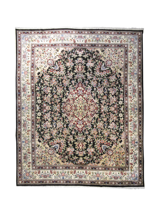 Oriental Rug Chinese Handmade Area Transitional 8'0"x10'0" (8x10) Black Whites/Beige Green Naghsh Floral Design #A26272