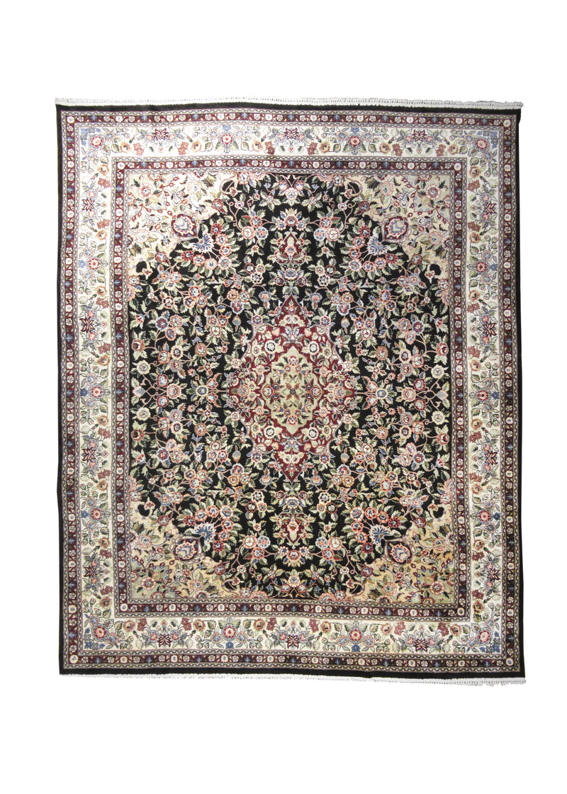 Oriental Rug Chinese Handmade Area Transitional 8'0"x10'0" (8x10) Black Whites/Beige Green Naghsh Floral Design #A26272