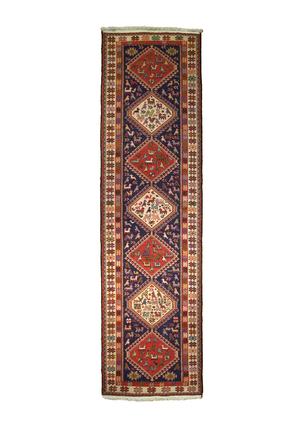 Persian Rug Azerbaijan Handmade Runner Tribal 2'7"x9'0" (3x9) Blue Red Geometric Animals Design #A26301