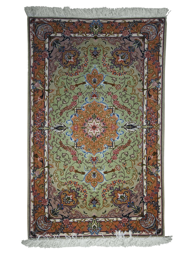 Persian Rug Tabriz Handmade Area Traditional 2'7"x3'9" (3x4) Green Pink Floral Naghsh Design #A26314