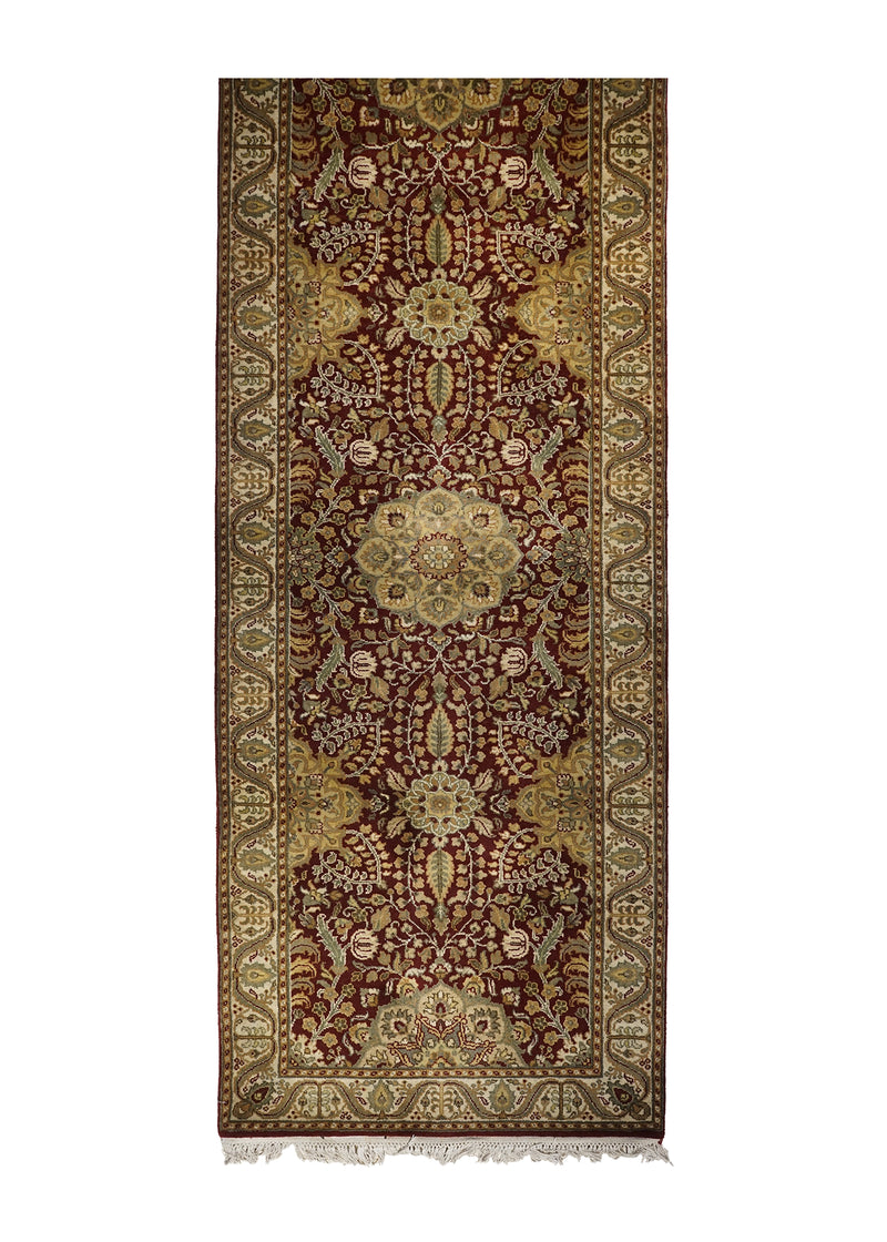 Oriental Rug Indian Handmade Runner Transitional 3'2"x13'9" (3x14) Red Whites/Beige Tea Washed Floral Design #A26403