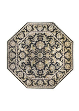 Oriental Rug Indian Handmade Round Transitional 9'0"x9'0" (9x9) Black Green Octagon Tea Washed Floral Design #A26418