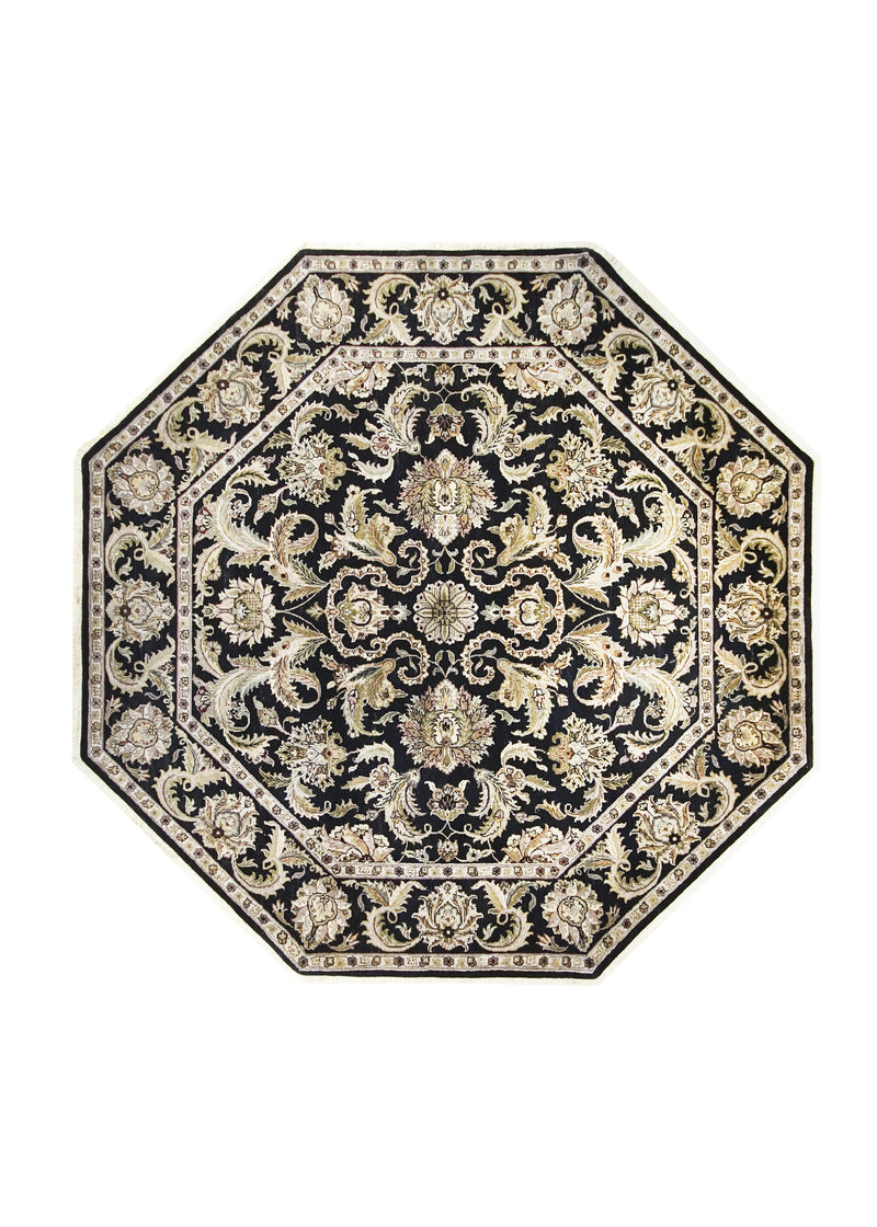 Oriental Rug Indian Handmade Round Transitional 9'0"x9'0" (9x9) Black Green Octagon Tea Washed Floral Design #A26418