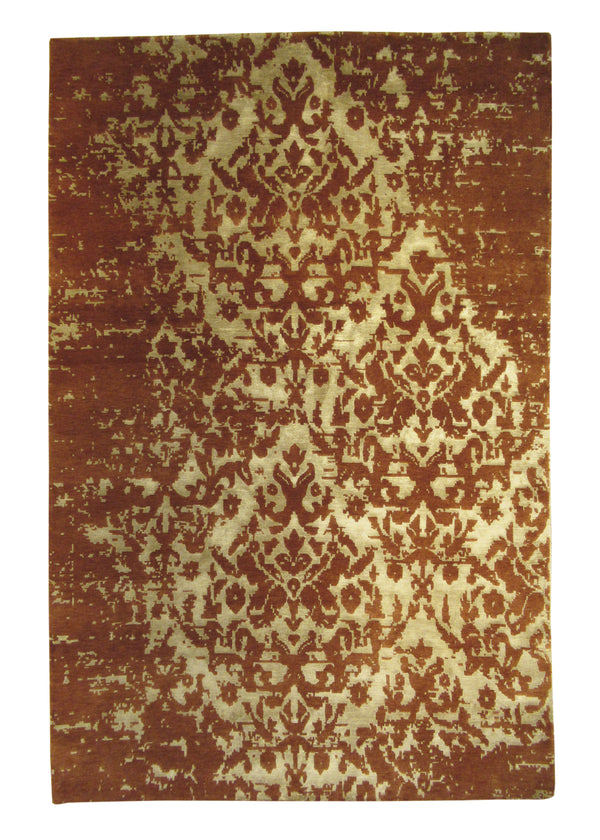 Oriental Rug Indian Handmade Area Modern 6'0"x8'11" (6x9) Red Whites/Beige Erased Abstract Design #A26429