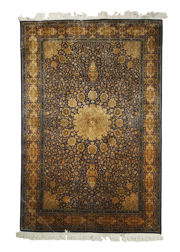 Oriental Rug Kashmiri Handmade Area Traditional 3'11"x6'0" (4x6) Blue Yellow/Gold Floral Design #A26578