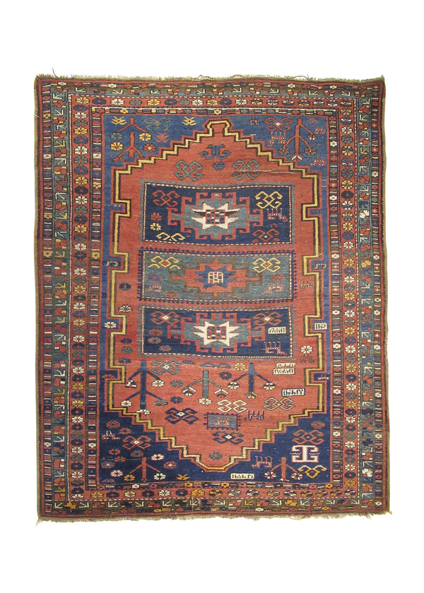 Caucasian Rug Kazak Handmade Area Tribal Antique 4'9"x6'0" (5x6) Red Blue Geometric Design #A26604