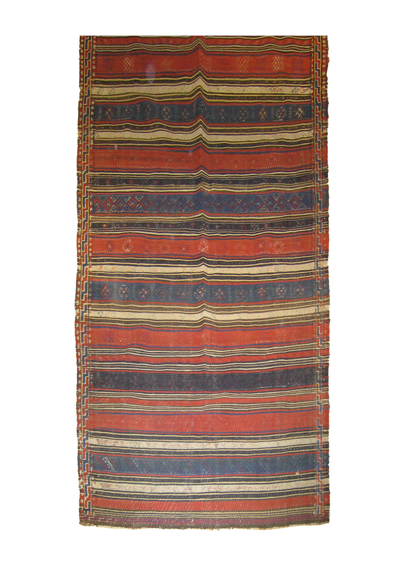 Oriental Rug Turkish Handmade Runner Tribal Antique 4'10"x12'0" (5x12) Blue Red Stripes Design #A26614