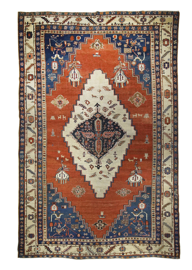 Persian Rug Bakhshayesh Handmade Area Tribal Antique 9'4"x13'5" (9x13) Red Whites/Beige Blue Geometric Design #A26637