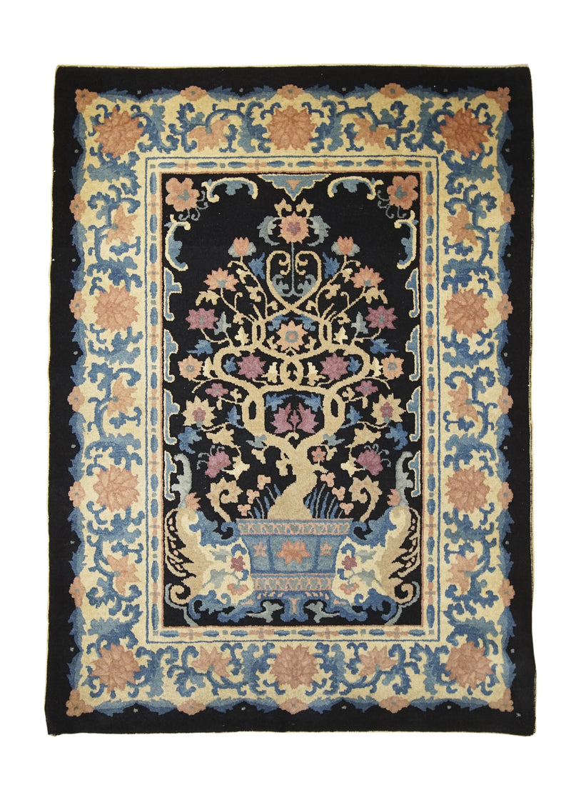 Oriental Rug Chinese Handmade Area Traditional Antique 3'7"x4'11" (4x5) Blue Whites/Beige Fetti Tree of Life Design #A26648