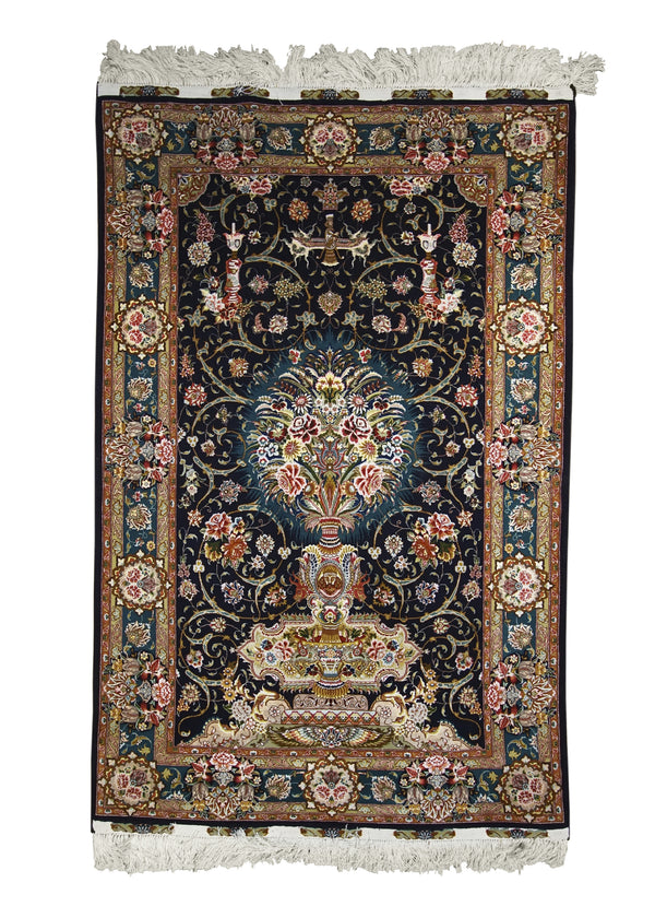 Persian Rug Tabriz Handmade Area Traditional 3'3"x5'3" (3x5) Black Blue Pink Tree of Life Design #A26706
