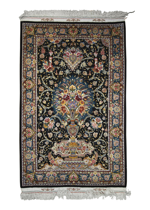 Persian Rug Tabriz Handmade Area Traditional 3'4"x5'0" (3x5) Black Blue Pink Tree of Life Design #A26707