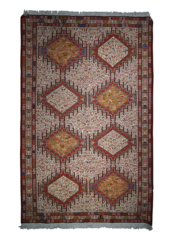 Persian Rug Azerbaijan Handmade Area Tribal 4'1"x6'3" (4x6) Whites/Beige Red Geometric Design #A26711