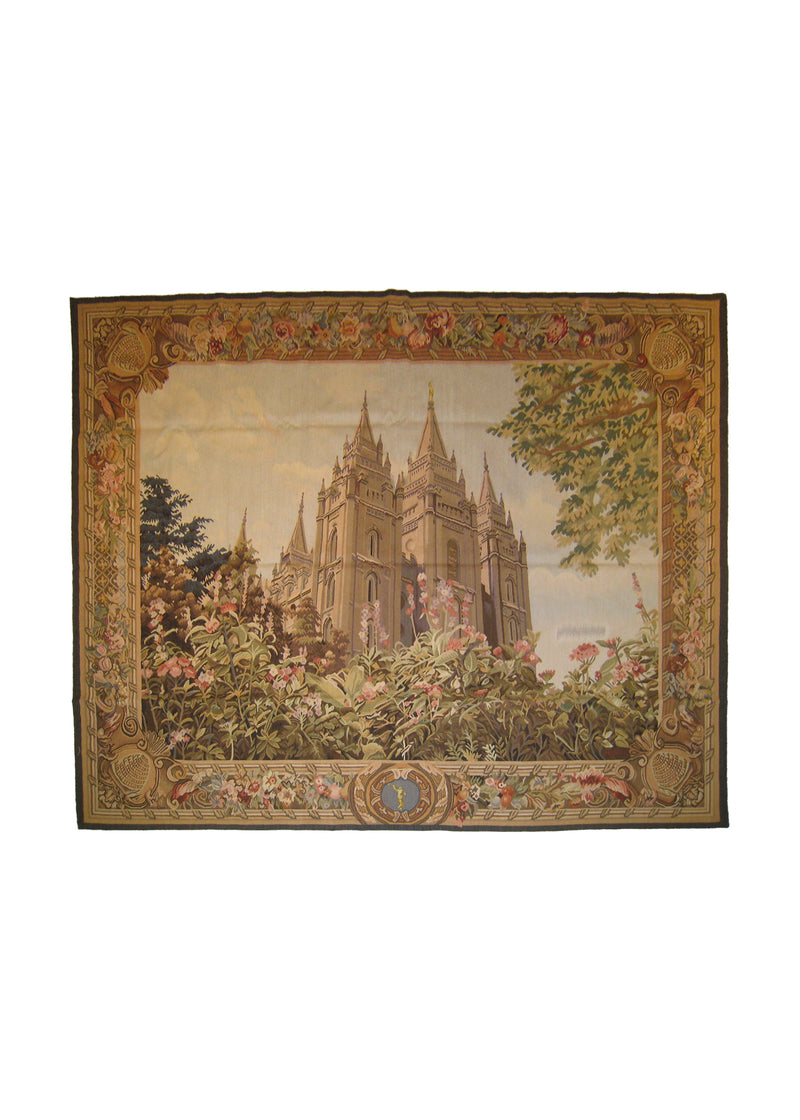Oriental Rug Chinese Handmade Area Traditional 5'2"x6'0" (5x6) Blue Brown Tapestry The Temple Pictorial Design #A26725