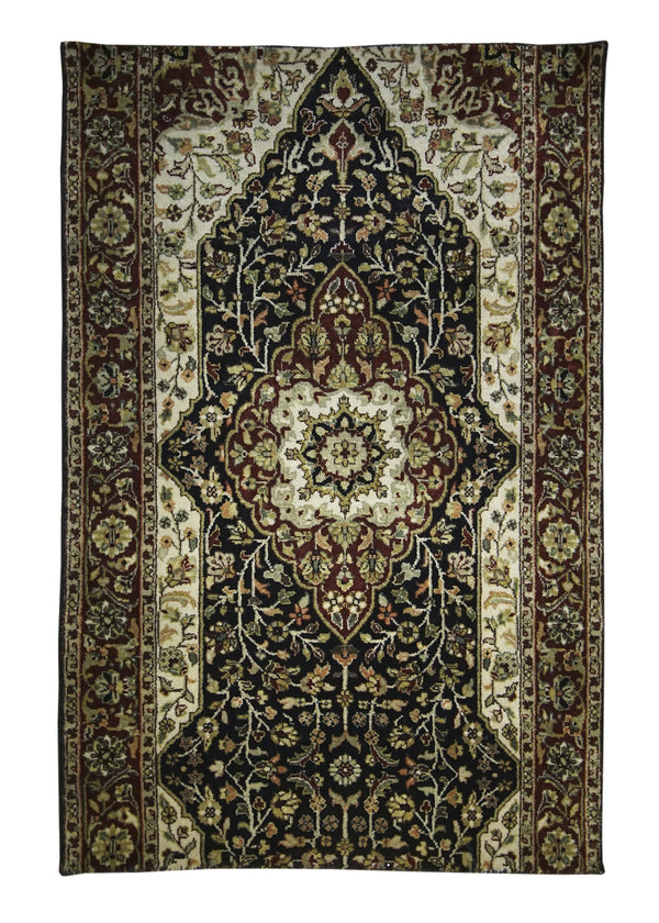 Oriental Rug Indian Handmade Area Traditional 2'7"x3'10" (3x4) Black Red Whites/Beige Kashan Floral Partition Design #A26764