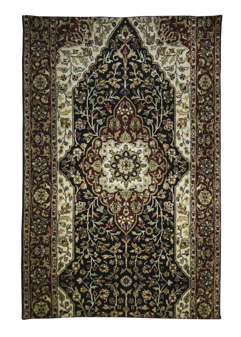 Oriental Rug Indian Handmade Area Traditional 2'7"x3'10" (3x4) Black Red Whites/Beige Kashan Floral Partition Design #A26764