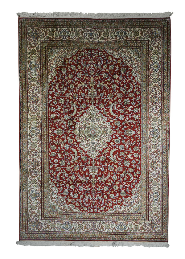 Oriental Rug Chinese Handmade Area Traditional 4'11"x6'0" (5x6) Red Whites/Beige Kashan Floral Design #A26772