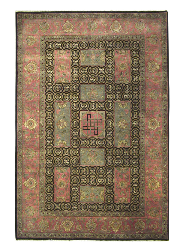 Oriental Rug Indian Handmade Area Transitional 6'1"x9'1" (6x9) Black Pink Green Tea Washed Geometric Design #A26847