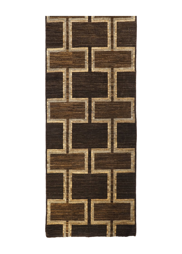 Oriental Rug Pakistani Handmade Runner Modern 2'8"x16'0" (3x16) Brown Antique Washed Gabbeh Geometric Design #A26869
