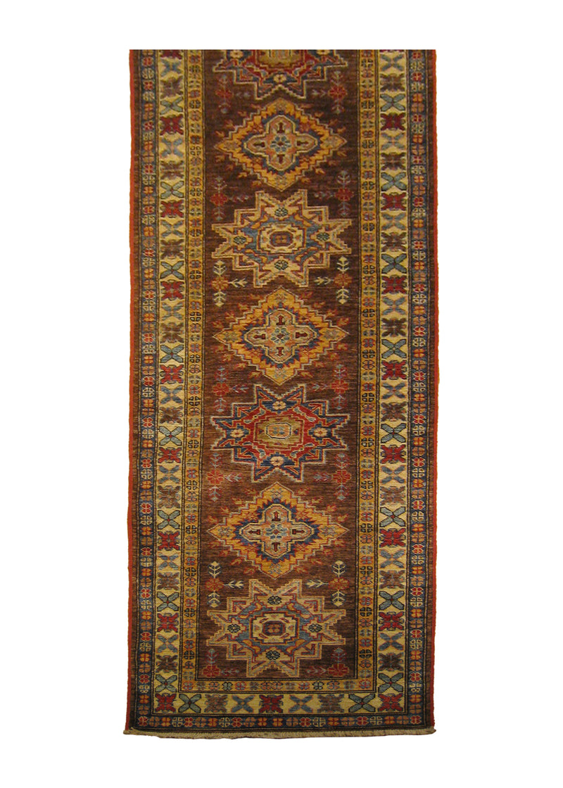 Oriental Rug Pakistani Handmade Runner Transitional Tribal 2'4"x9'7" (2x10) Brown Ghazni Kazak Geometric Design #A26877