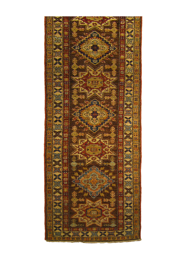Oriental Rug Pakistani Handmade Runner Transitional Tribal 2'4"x9'7" (2x10) Brown Ghazni Kazak Geometric Design #A26906