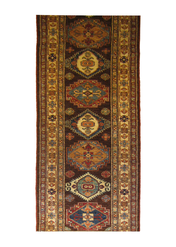 Oriental Rug Pakistani Handmade Runner Transitional Tribal 2'7"x10'6" (3x11) Brown Ghazni Kazak Geometric Design #A26912