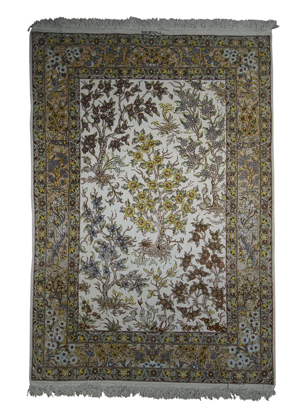 Persian Rug Qum Handmade Area Traditional 3'3"x4'9" (3x5) Whites/Beige Yellow/Gold Tree of Life Design #A26980