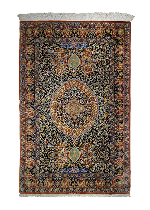Persian Rug Qum Handmade Area Traditional 4'3"x6'6" (4x7) Black Red Blue Floral Design #A27014