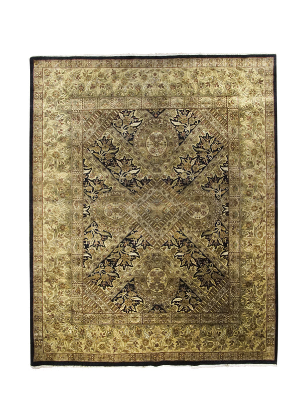 Oriental Rug Indian Handmade Area Transitional 8'2"x10'2" (8x10) Black Yellow/Gold Green Tea Washed Floral Design #A27134