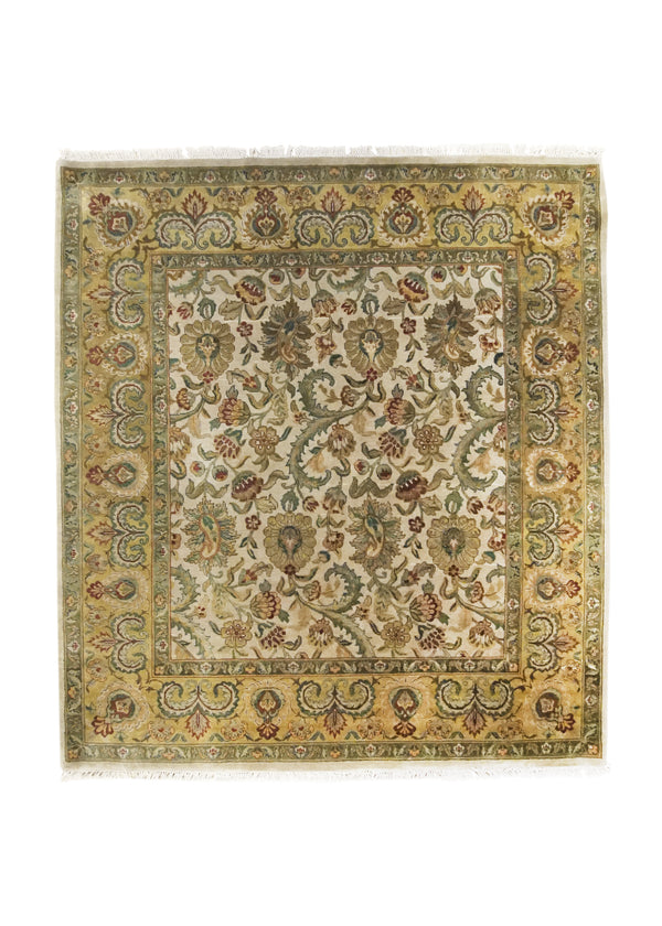 Oriental Rug Indian Handmade Square Transitional 7'1"x7'8" (7x8) Green Yellow/Gold Whites/Beige Tea Washed Floral Design #A27170