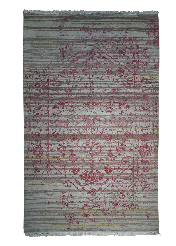Oriental Rug Indian Handmade Area Modern 3'0"x4'11" (3x5) Whites/Beige Red Erased Floral Abstract Design #A27287