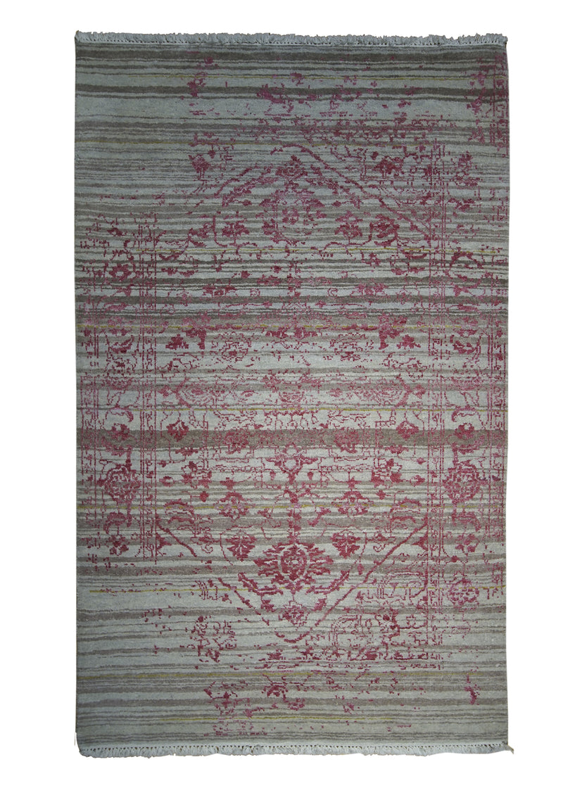 Oriental Rug Indian Handmade Area Modern 3'0"x4'11" (3x5) Whites/Beige Red Erased Floral Abstract Design #A27287
