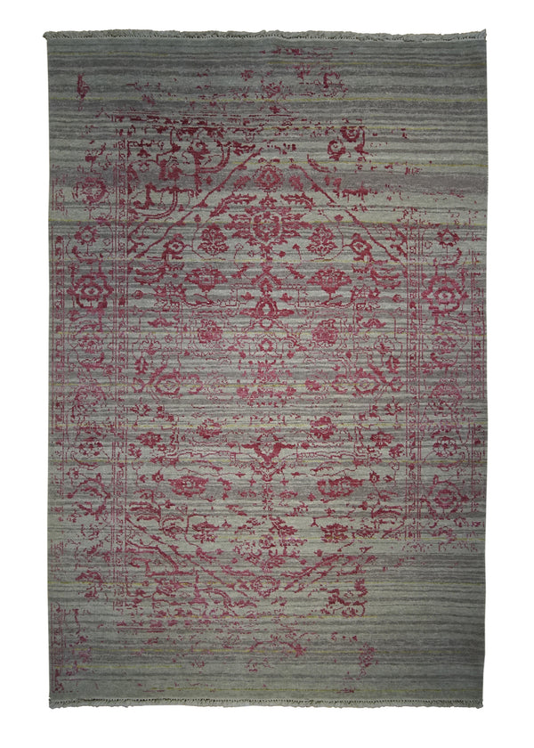 Oriental Rug Indian Handmade Area Modern 4'0"x6'0" (4x6) Whites/Beige Red Erased Floral Abstract Design #A27290