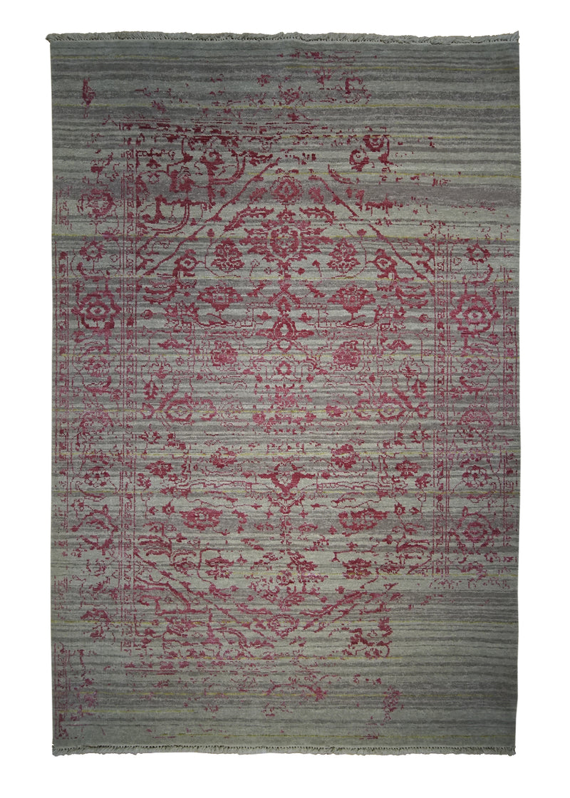 Oriental Rug Indian Handmade Area Modern 4'0"x6'0" (4x6) Whites/Beige Red Erased Floral Abstract Design #A27290