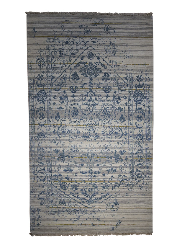 Oriental Rug Indian Handmade Area Modern 2'11"x5'1" (3x5) Whites/Beige Blue Erased Floral Abstract Design #A27291