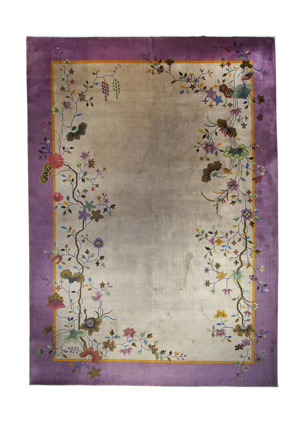 Oriental Rug Chinese Handmade Area Traditional Antique 9'10"x13'5" (10x13) Whites/Beige Purple Fetti Symbol Design #A27307