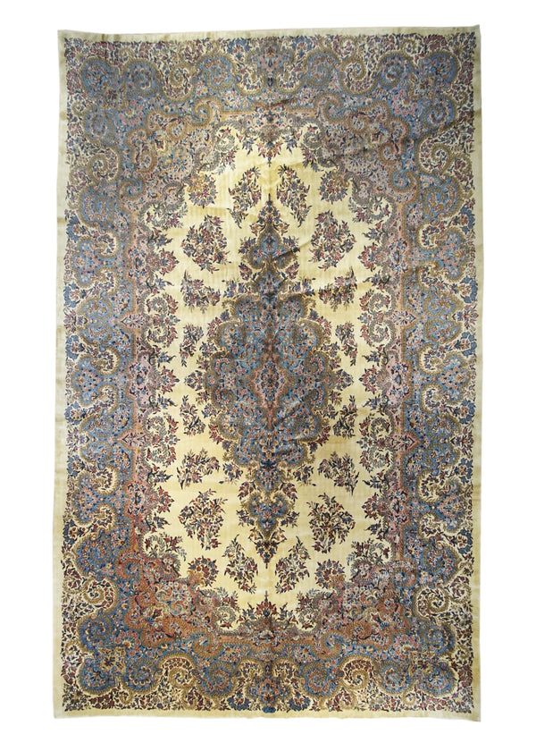 Persian Rug Lavar Kerman Handmade Area Traditional Antique 10'10"x17'1" (11x17) Whites/Beige Blue Pink Floral Design #A27312