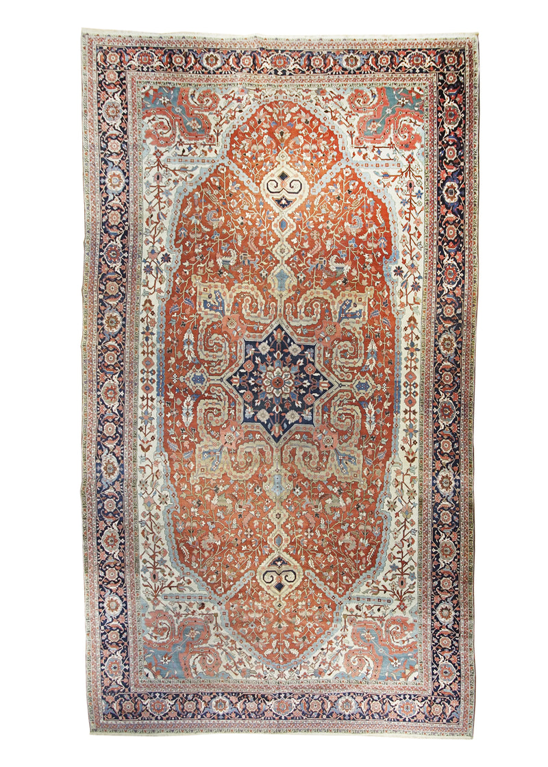 Persian Rug Serapi Handmade Area Tribal Antique 11'9"x20'5" (12x20) Red Blue Whites/Beige Geometric Design #A27313