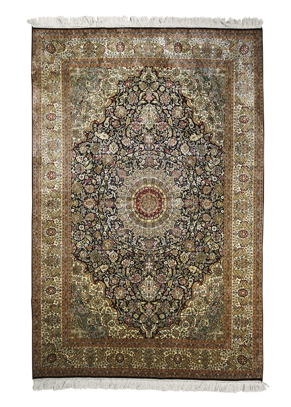 Oriental Rug Kashmiri Handmade Area Traditional 4'1"x6'2" (4x6) Blue Whites/Beige Floral Design #A27410