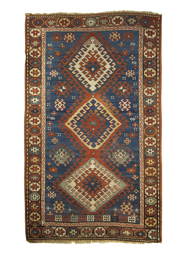 Caucasian Rug Kazak Handmade Area Tribal Antique 3'5"x5'8" (3x6) Blue Red Geometric Design #A27461