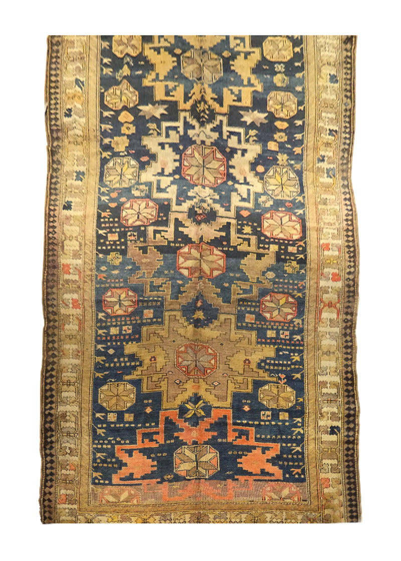 Caucasian Rug Shirvan Handmade Area Tribal Antique 7'0"x13'4" (7x13) Blue Whites/Beige Geometric Design #A27479